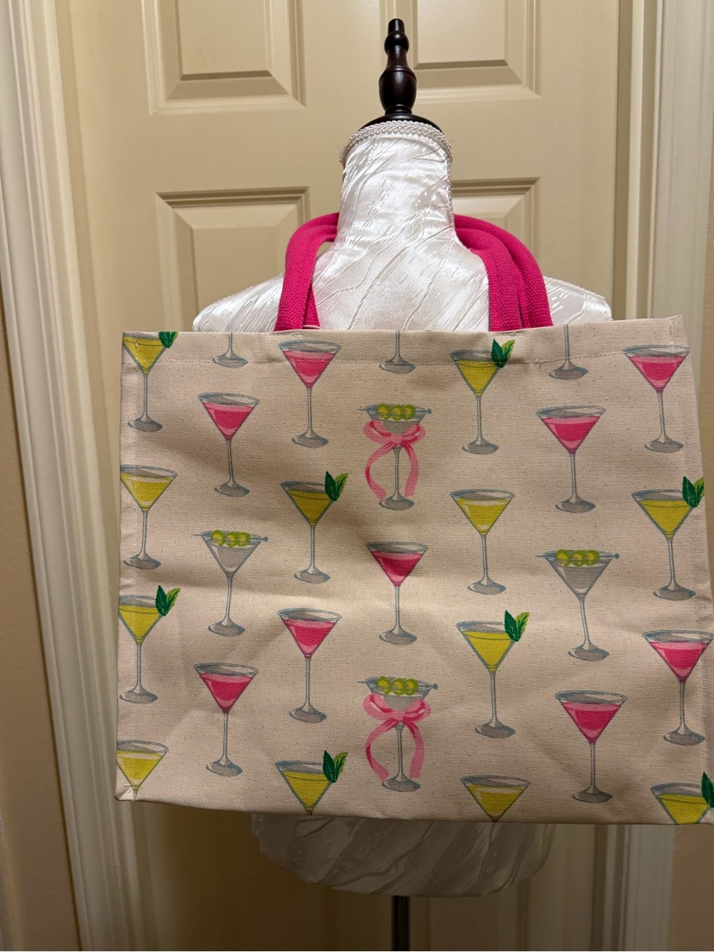 Canvas Martini Print Tote Bag with Pink Handles